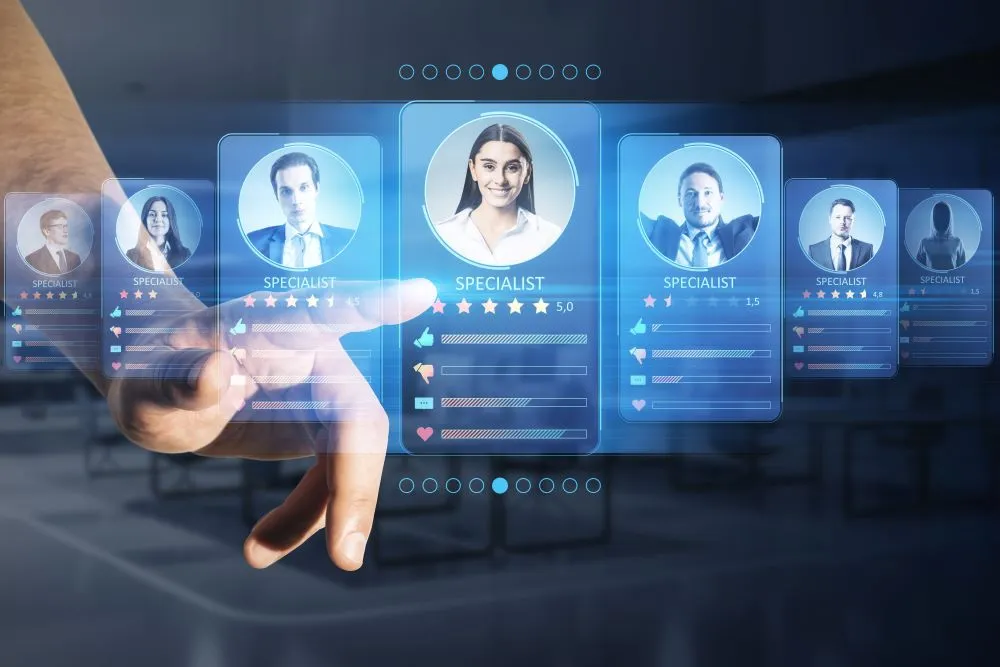 Concept de service de recrutement en ligne et de recherche de spécialistes en un jour avec un doigt d'homme sur une interface numérique virtuelle avec des cartes personnelles et une évaluation.